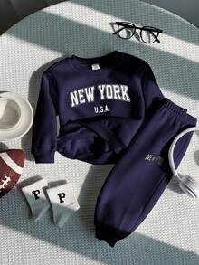 SHEIN 2pcs Baby Boy/Girl Casual Sports Grey Letter Print Long Sleeve Hoodie And Pants Tracksuit Set, Autumn/Winter Baby Boy Track Suit Baby Sweat Outfits Baby Casual Sets Fall - Navy Blue - View 6