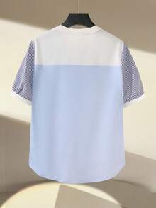 Chiquease بلوزة نسائية بياقة مستديرة فضفاضة وكاجوال متعددة الاستخدامات لارتداء اليومي بأكمام قصيرة - الأزرق - مشاهدة 2