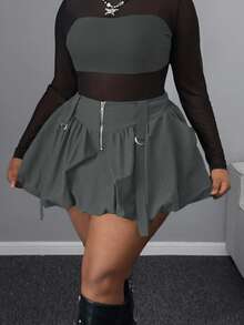 Maweii Plus Size Women Casual Ruffle Hem Solid Color Zipper Closure Mini Skirt, Suitable For Work And Daily Wear, Autumn/Winter - Grey - View 4