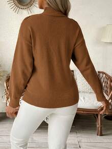 SHEIN Sweater Hamil Lengan Panjang Kerah Tegak Elegan dengan Lubang-lubang - Coklat - View 3