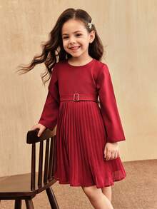 SHEIN 女童酒红色长袖褶裥连衣裙，亲子装，时尚中长款设计，配腰带，秋冬款 - 酒紅色 - 查看 3