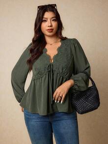 Elaquor Plus Size Elegant Casual Floral Patchwork V-Neck A-Line Green Women Blouse, Suitable For All Seasons