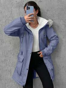 EURMUSE 女式纯色长袖拉链连帽羊毛休闲冬季夹克 - 深灰色 - 查看 7
