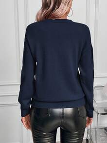 SHEIN Clasi Sweater Pullover Berkerah Bulat dengan Pita dan Payet untuk Hari Valentine - Navy Blue - View 2