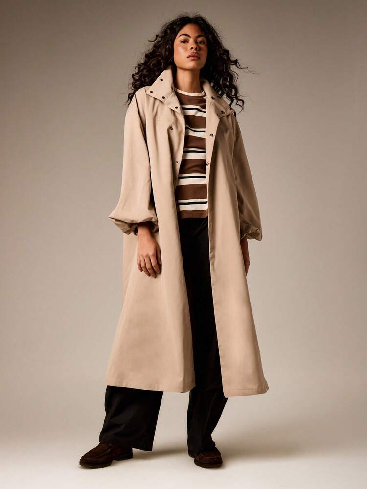Oversized Long Trench Coat With Stand Collar