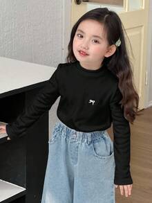 DAZY 女童圆领蝴蝶结印花保暖长袖T恤，秋季款 - 黑色 - 查看 5