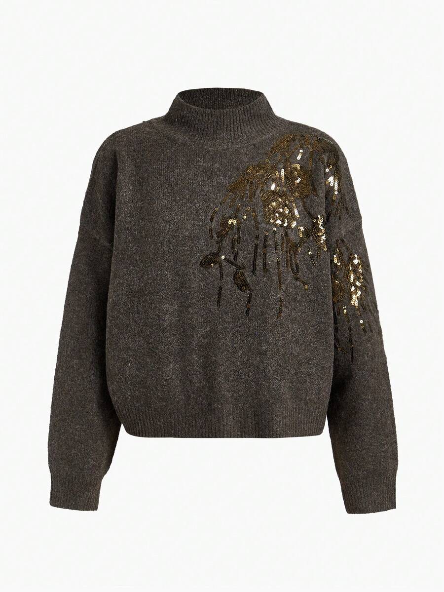 MOTF PREMIUM VINTAGE GLAMOROUS SEQUIN FLORAL EMBROIDERED TURTLENECK WOMEN SWEATER, AUTUMN/WINTER - Coffee Brown - View 1