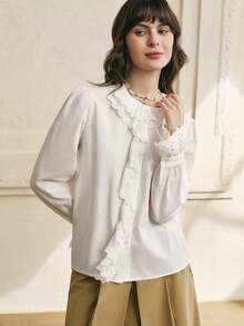 INAWLY Women's White Lace Trim Puff Sleeve Elegant Blouse - White - View 5