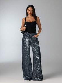 SHEIN Tall CURVE Quần jean ống rộng thời trang mùa thu, mùa thu, trở lại trường, tiệc Halloween, Giáng sinh, Y2K, dễ thương, phong cách đường phố, Goth, Grunge, Techno, tiệc sinh nhật, đi chơi, câu lạc bộ, sân bay, họa tiết da báo ánh kim, họa tiết động vật, quần jean ống rộng, họa tiết da báo đã giặt - màu đen - Xem 3