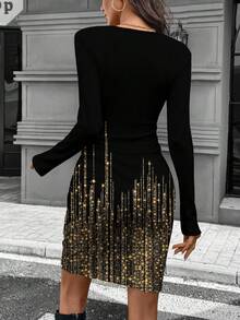 SHEIN LUNE Váy ngắn tay dài đính sequin lấp lánh dự tiệc bodycon eo nhún thanh lịch dành cho nữ, mùa thu/đông - Nhiều màu - Xem 2