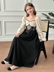 SHEIN Tween Girls' French Retro Palace Style Long Sleeve Elegant Dress,Black Floral,Autumn,Birthday,Gathered Rhinestone Square Neck Jacquard Modest Dress - Black - View 9