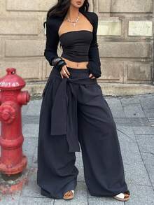 Coolane 时尚宽松纯黑色梭织女裤 - 黑色 - 查看 3