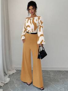 Elenzga Women's Printed Patchwork Waist Wide Leg Jumpsuit, Elegant Silhouette For Daily Commute And Versatile Wear - Khaki - View 6