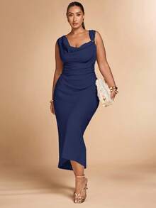 SHEIN BAE 大码女式卡其色不对称金属连衣裙 - 藏蓝色 - 查看 3