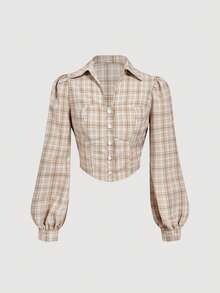 SHEIN MOD 格子领胸袋纽扣前长袖衬衫 - 彩色 - 查看 6