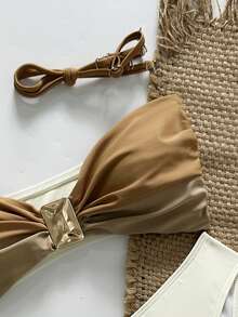 Swim Basics 2pcs/Set Women's Solid Color Sexy Bandeau Bikini Set, Spring/Summer - Multicolor - View 8