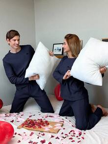 EURMUSE Cotton Men'S Ribbed Knit Homewear Set - Navy Blue - View 2