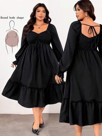 Enliva Oczywiście_ebony Plus Size Damska sukienka midi z długim rękawem, elegancka sukienka z elastycznymi marszczeniami, sukienka w kształcie litery A, dla sylwetki o okrągłym kształcie jabłka