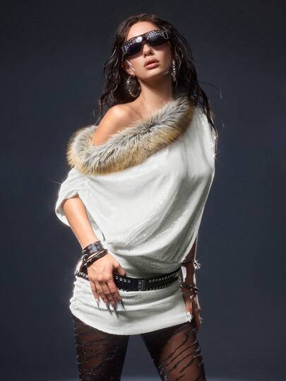ROMWE Avant Y2K Glitter Patchwork Faux Fur Collar Asymmetrical Shoulder Mini Dress For Women