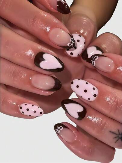 Kawaii Punte di unghie finte in stile ballerina con bordo in pizzo, fiocco romantico, ali bianche a forma di cuore e note musicali in metallo rosa, prodotte in serie per un look energico da ragazza, adatte per uscite quotidiane e appuntamenti