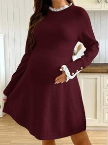 SHEIN Maternity Lace Patchwork A-Line Knit Long Sleeve Sweater Dress, Casual Daily Wear
