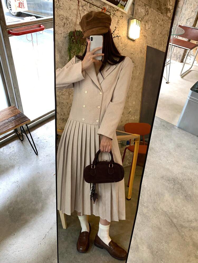 Women's Elegant Pleated Collar Solid Color Long Sleeve Dress, Suitable For Formal Events Dress