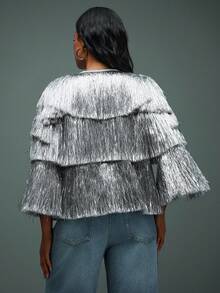 Hauture Chaqueta larga con mangas y flecos brillantes de plata para salir de noche y fiestas de mujeres - Plateado - Ver 2