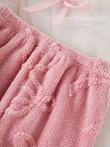 2 peças/Conjunto Pijamas de Moletom de Coral com Laço Rosa Fofo Oversized para Meninas, Conjunto de Sleepwear Quente e Confortável para o Inverno, Adequado para Presente no Outono/Inverno