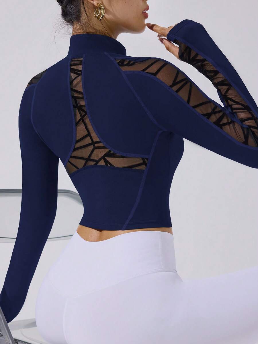 Dewbera Women's Geometric Mesh Patchwork Zip Front Raglan Sleeve Fitted Sports Jacket Mesh Workout Top Hollow Out Crop Sports Shirt