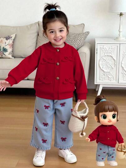 SHEIN Playful Pals 2pcs Baby Girls' Red Ribbed Knit Cardigan Jacket With Bow & Embroidered Denim Bow Pants Set, Fashionable & Outfit For Spring/Autumn Cherry Outfit For Toddler Girl Red Jacket Baby Girl Jacket Set Baby Girl Outfit Toddler Girl Clothes Mommmy And Me Outfit Toddler Girl Outfit Mommy And Me Outfit
