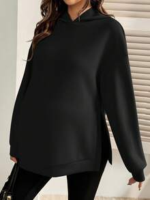 SHEIN Casual Loose Solid Color Long Sleeve Hooded Maternity Sweatshirt Black Sweatshirt Women Long Sleeve Black Top Oversized Tops Oversized Sweatshirt Woman Maternity Clothes Fall Winter - Black - View 5