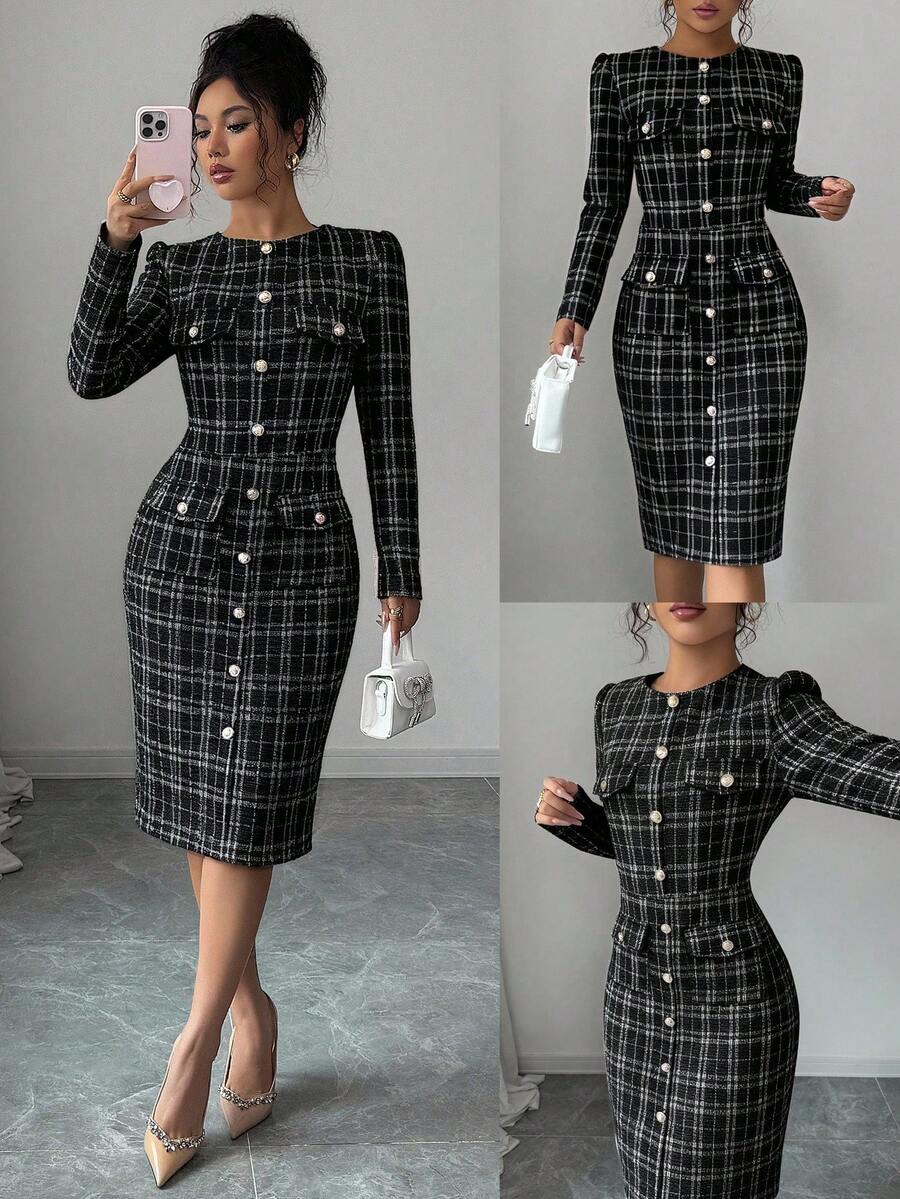 Elenzga Váy dệt kim cổ tròn ôm sát eo đa năng thời trang thu đông dành cho nữ - màu đen - Xem 1