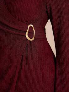Elaquor Plus Size Women Solid Red Color Overlap V-Neck Long Sleeve Waist Metal Decor Fashion Dress/Christmas Dress/New Year Outfits/Valentine's Day - Burgundy - View 4