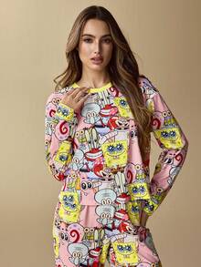 SpongeBob SquarePants | SHEIN 女士可爱卡通印花宽松落肩长袖上衣和裤子睡衣套装，春秋冬装 - 淺粉色 - 查看 6