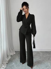 Elenzga Bộ quần ống loe dáng chữ A, dáng suông, màu trơn, cổ bẻ không đều, thanh lịch, thoải mái khi đi làm, đi nghỉ, tiệc trà chiều dành cho nữ, phù hợp cho mùa xuân, thu, đông - màu đen - Xem 3