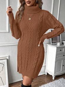 SHEIN LUNE 休闲纯色高领长袖女式毛衣连衣裙 - 巧克力棕 - 查看 3