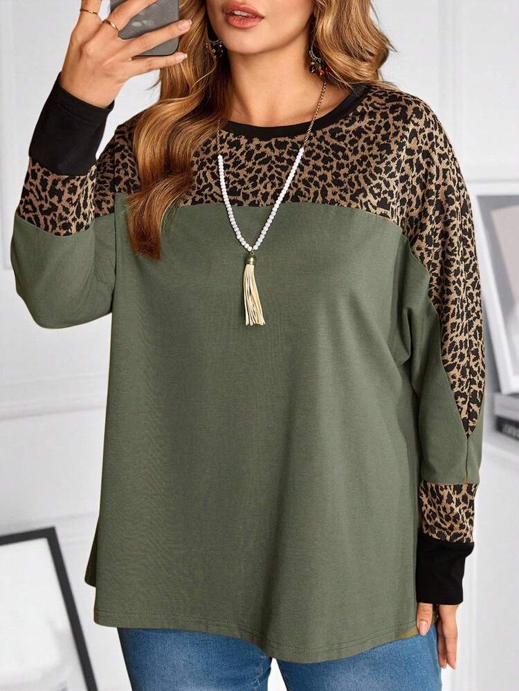 Plus Size Leopard Print Patchwork Batwing Sleeve T-Shirt Winter For Women Cozy Fall And Winter For Women Country Style For Women Country Concert