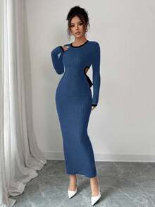 Elenzga Đầm dài tay ôm sát cổ tròn hở lưng buộc dây cho nữ - Màu xanh lam - Xem 3