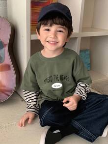 Hapijoa 幼儿男童宽松休闲条纹拼接袖二合一字母印花T恤，秋季款