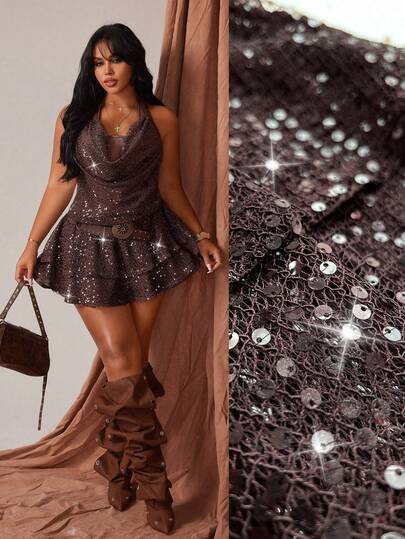 Rustia Brown Halter Fishnet Sequin Sexy Mini Dress, Y2K, Glamorous, Sleeveless Plunging Neck Sexy Mesh Double Layer Ruffle Hem, Summer