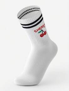 LUVLETTE 1 Pair Women Cute Cherry Pattern Round Neck Socks, Suitable For School Students Daily Life, Fall