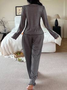 Snug Zone 女士针织休闲宽松条纹印花上衣和裤子家居服套装，秋冬舒适优雅服饰细节 - 黑色 - 查看 2