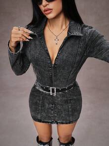Jeanoix Women's Solid Color Casual Long Sleeve Denim Dress - Black - View 7