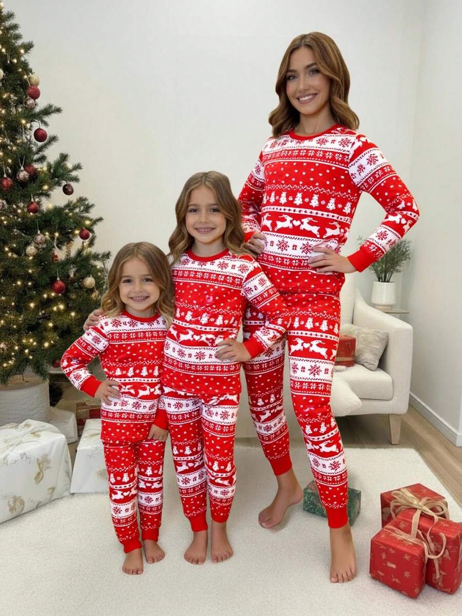 SHEIN 青少年女孩万圣节图案针织圆领上衣和紧身裤两件套睡衣套装 - 紅色 - 查看 1