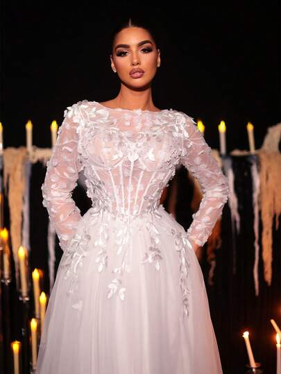 Glamrae Vestido romântico luxuoso com corpete floral 3D, silhueta de sereia, costas nuas, ajustável, adequado para ocasiões formais como galas, shows, casamentos, ambientes internos e externos