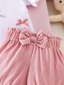 SHEIN Newborn Baby Girl Sweet White Bow Top And Pink Floral Shorts 2 Pieces Set - Pink - View 6