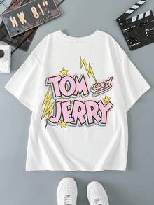 TOM & JERRY X SHEIN Men's Casual Letter & Cartoon Graphic Round Neck Short Sleeve T-Shirt, Summer