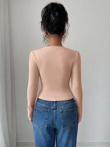 Selianne 秋冬新款纯色磨毛罗纹斜领褶裥长袖T恤，修身休闲上衣 - 粉色 - 查看 2