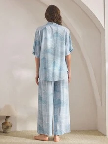 Ocili Leisure Comfy Striped Print Lapel Short Sleeve Top & Pants Women Pajama Set, Chic Autumn Slumber, Fall Winter Clothes Light Blue Pj Set - Khaki - View 3