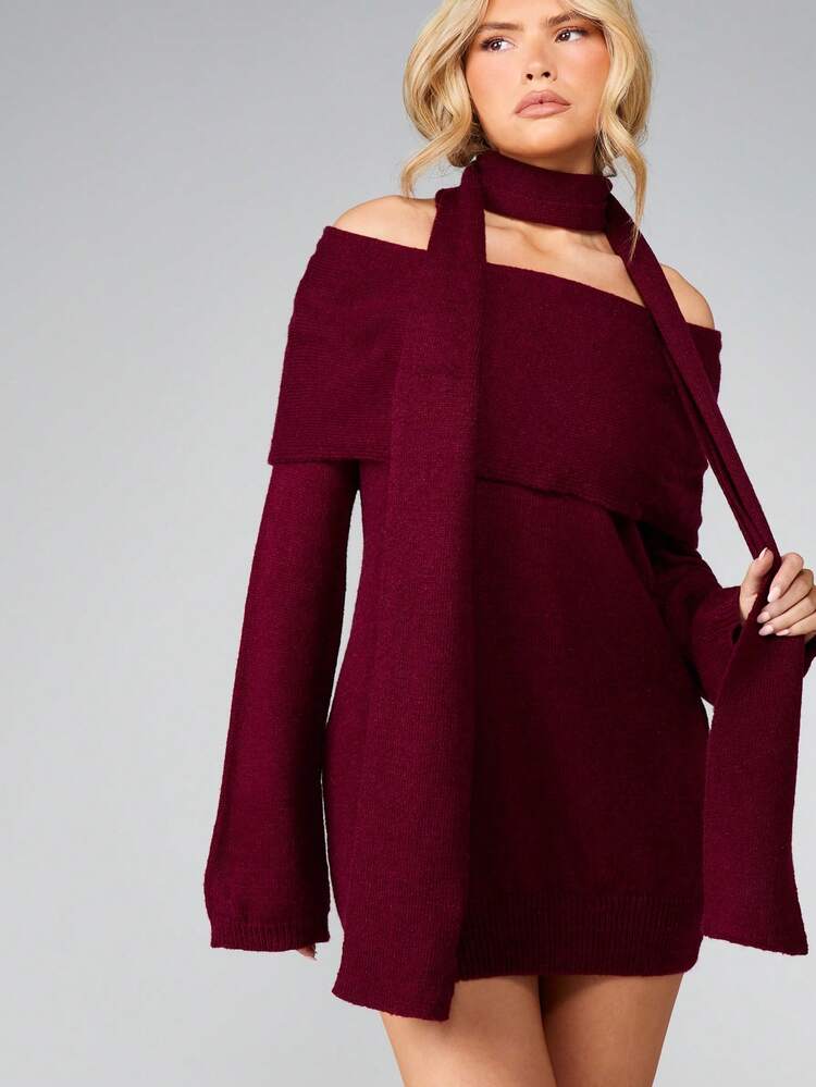 MISSGUIDED Luźna, dzianinowa sukienka z golfem i pasującym szalikiem, zimowa, jesienna mini sukienka